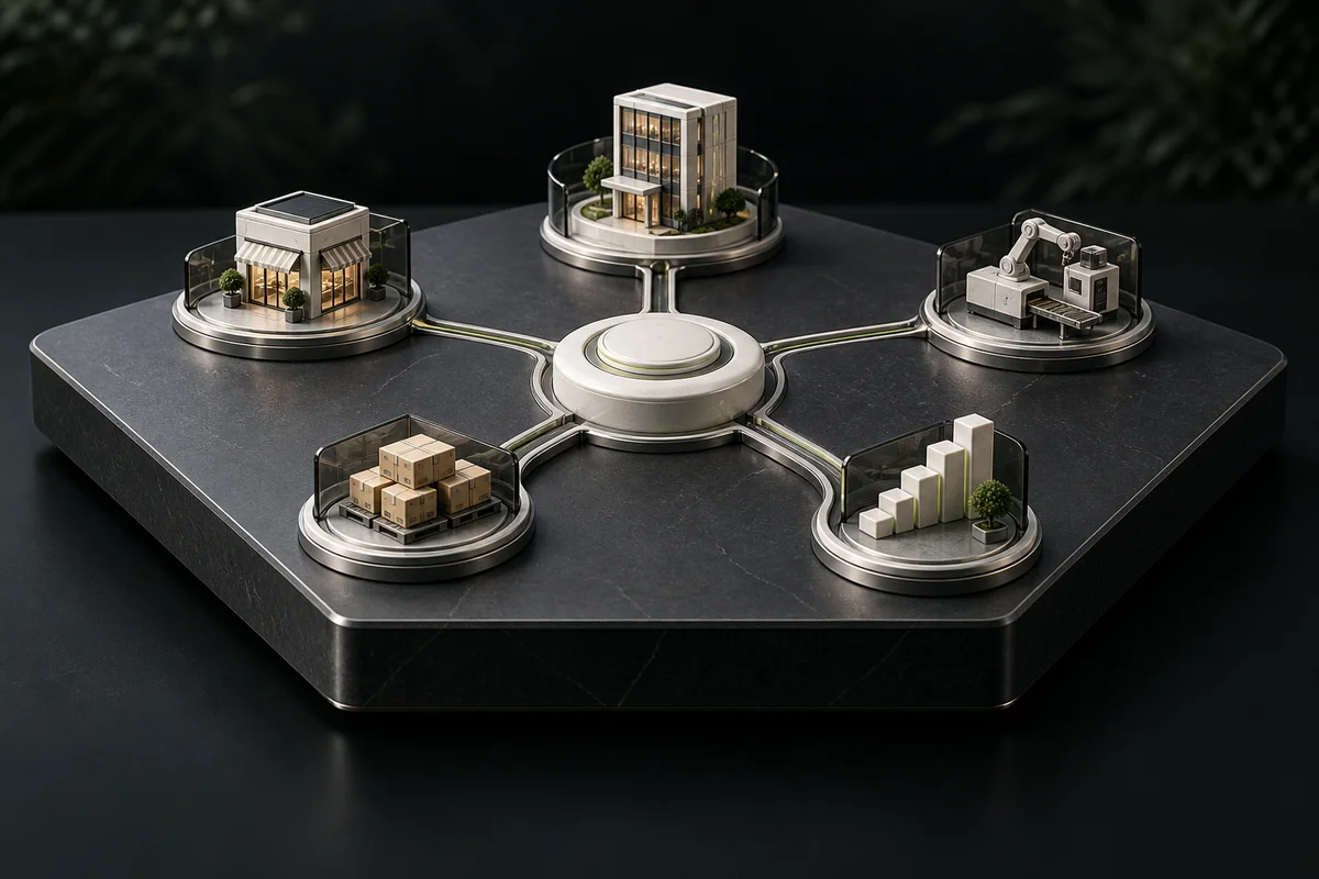 A dimensional model connects a central Pearl hub with a shop, commercial property, equipment, inventory and business growth.